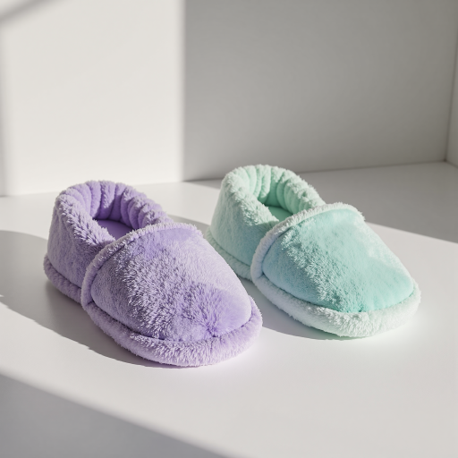 Pair of colorful fabric booties with pom-pom details