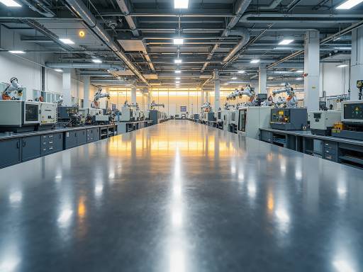 Modern manufacturing facility interior with machinery and organized workspace