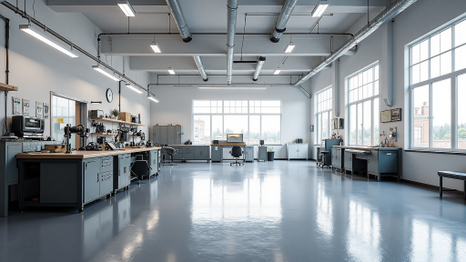 Modern manufacturing facility interior, organized workspace, machinery visible, clean environment