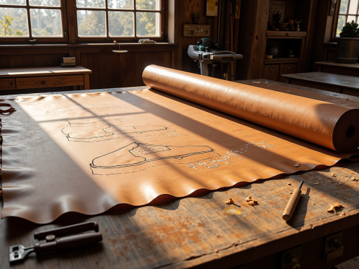 Workers carefully cutting leather pieces according to patterns in a well-lit workshop