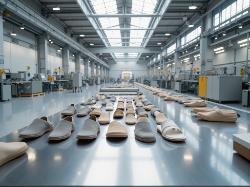 Sewing machines in operation with workers assembling shoe parts