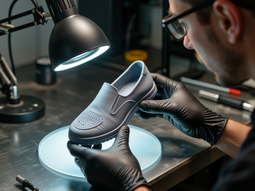 Quality control inspectors checking finished baby shoes for defects