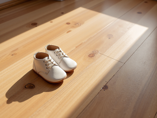 Close-up view of baby soft sole leather shoes, tan color, classic design, placed on light wooden surface